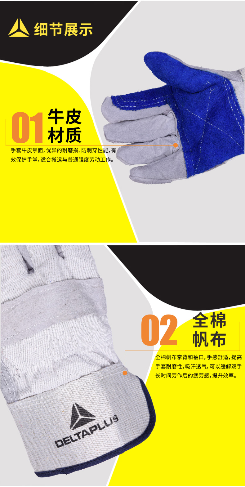 代爾塔牛皮全棉帆布手套耐磨損搬運(yùn)勞動(圖2)